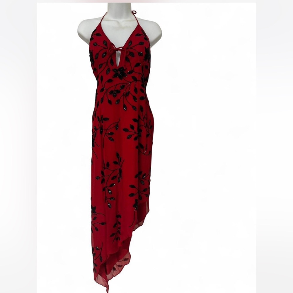 Sean Collection Red Backless Dress with Black Leaf Patterns